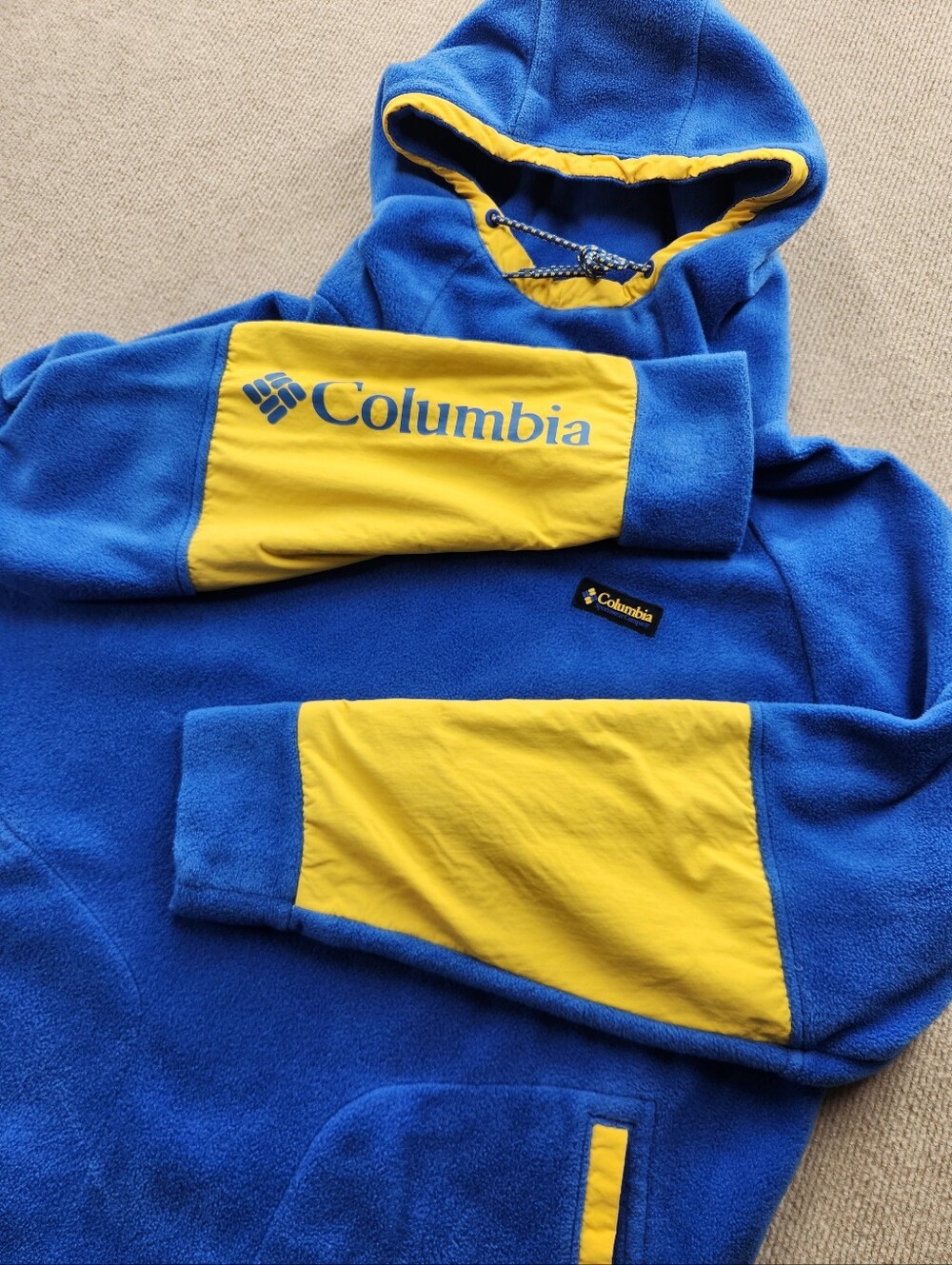 Columbia Men's XL Blue/Yellow Colorblock Fleece Pullover Hoodie Hood Pockets